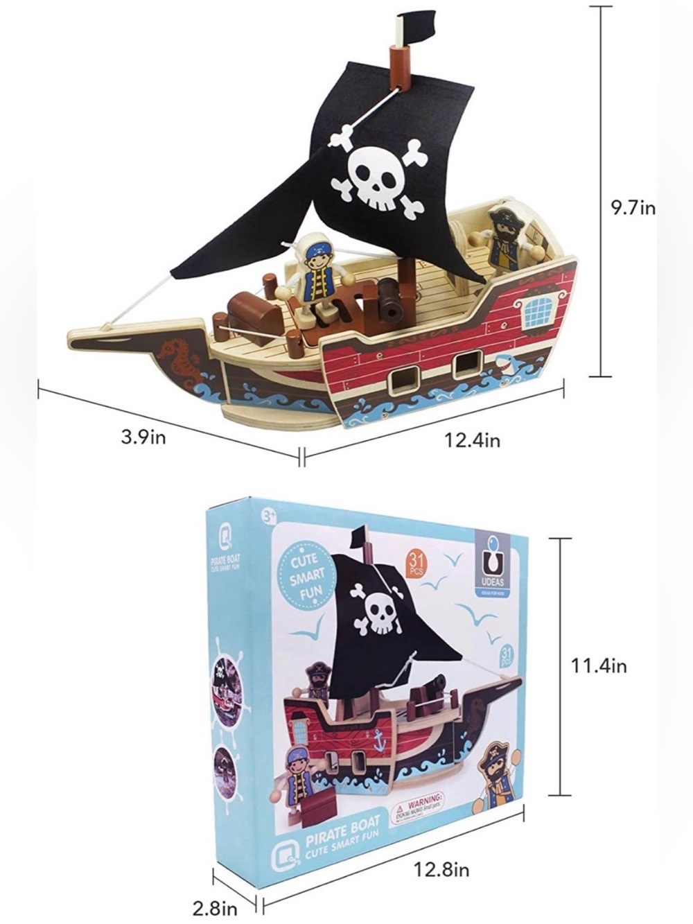 Wooden Pirate Ship Toy 31pcs Building Playset, Creative Kids Craft Kit Toys